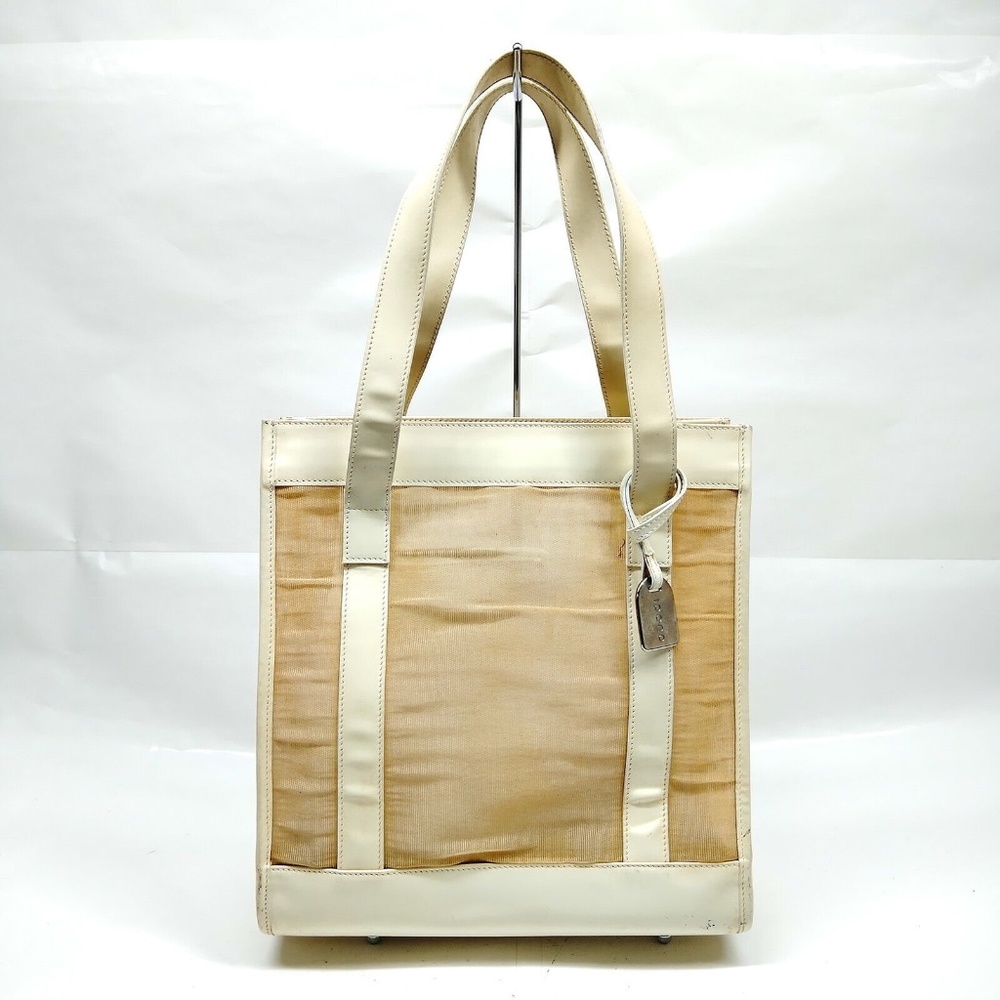 Auth. Gucci Mesh Handbag Nude Tote +pouch lightweight Nylon Leather Vintage - Picture 4 of 17